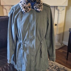 Torrid: Olive Green Twill & Leopard Collar Faux Fur Lined Anorak Coat(1847A)